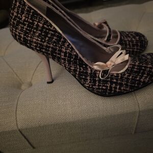 Elegant Pink and Black Tweed Women's Heels 9M Bow Detail